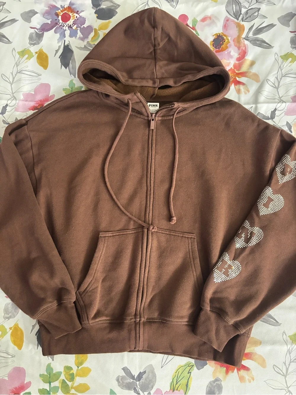PINK Oversized Brown Rhinestone Heart Zip Hoodie